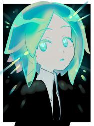 Rule 34 | 1other, a (poipiku 325815), androgynous, black background, black necktie, border, collared shirt, colored eyelashes, colored skin, commentary request, gem uniform (houseki no kuni), glowing, glowing hair, green eyes, green hair, houseki no kuni, looking at viewer, necktie, open mouth, other focus, phosphophyllite, shirt, short hair, solo, upper body, white border, white shirt, white skin