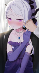 Rule 34 | 1boy, 1girl, black jacket, blue archive, blush, collarbone, commentary request, dress, earrings, elbow gloves, frilled dress, frills, gloves, hair bun, hand up, highres, hina (blue archive), hina (dress) (blue archive), horns, jacket, jacket on shoulders, jewelry, long sleeves, masshirokachi, nose blush, out of frame, parted bangs, parted lips, pendant, purple dress, purple eyes, purple gloves, sensei (blue archive), signature, solo focus, strapless, strapless dress, twitter username, white hair