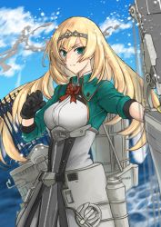 Rule 34 | 1girl, arrow (projectile), black gloves, blonde hair, blue eyes, bow (weapon), breasts, closed mouth, cloud, commentary request, compound bow, day, flower, gloves, highres, holding, holding bow (weapon), holding weapon, kantai collection, long hair, looking at viewer, medium breasts, mrdotd, outdoors, quiver, red flower, red rose, rigging, rose, sky, solo, tiara, very long hair, victorious (kancolle), water, weapon