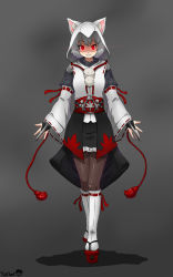 Rule 34 | 1girl, absurdres, animal ears, artist name, assassin&#039;s creed, assassin&#039;s creed (series), bridal gauntlets, concealed weapon, detached sleeves, full body, geta, glowing, glowing eyes, grey background, hidden blade (assassin&#039;s creed), highres, hitch (perotoss), inubashiri momiji, kneehighs, light trail, looking at viewer, pantyhose, pom pom (clothes), red eyes, ribbon-trimmed sleeves, ribbon trim, shaded face, short hair, signature, silver hair, simple background, skirt, socks, solo, thighhighs, touhou, weapon, wolf ears