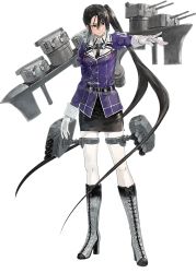 Rule 34 | 10s, 1girl, black eyes, black hair, bob (biyonbiyon), boots, full body, high heel boots, high heels, kantai collection, long hair, looking at viewer, machinery, nachi (kancolle), official art, pantyhose, side ponytail, solo, transparent background, turret, very long hair