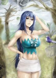 Rule 34 | 1girl, aged up, arm behind head, bird, blue hair, breasts, cleavage, fairy tail, hand on own hip, kamest, large breasts, long hair, midriff, miniskirt, navel, skirt, smile, solo, strapless, toned, tube top, wendy marvell
