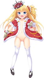 Rule 34 | 1girl, akatoki!, blonde hair, blue eyes, blush, collarbone, crown, doll joints, full body, gloves, gluteal fold, highres, joints, kukuriku, kusakami akira, long hair, looking at viewer, navel, no pussy, non-web source, official art, one side up, open mouth, puffy sleeves, short sleeves, simple background, solo, standing, thighhighs, transparent background, white thighhighs