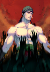 Rule 34 | 1boy, abs, bandana, clothes down, eilinna, grabbing, green hair, japanese clothes, kimono, male focus, motion blur, muscular, muscular male, nipples, one piece, open clothes, open kimono, pectoral grab, pectorals, red sky, roronoa zoro, scar, scar across eye, scar on chest, scar on face, short hair, sideburns, sky, solo, stomach, topless male, wide-eyed