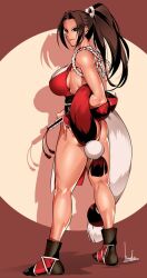 Rule 34 | 1girl, ass, bare shoulders, bowalia, breasts, brown eyes, brown hair, fatal fury, from behind, hand fan, highres, large breasts, long hair, ponytail, shiranui mai, sideboob, sleeveless, the king of fighters, thighs, thong