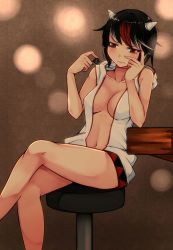 Rule 34 | 1girl, aoshima, bar stool, bare arms, black hair, bowl, breasts, collarbone, commentary request, cone horns, crossed legs, grey horns, hand on own cheek, hand on own face, highres, horns, jewelry, kijin seija, lips, medium breasts, multicolored hair, naked shirt, necklace, open clothes, open shirt, pendant, red eyes, red hair, shirt, sitting, solo, stool, streaked hair, striped horns, touhou