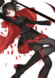 Rule 34 | 1girl, black hair, black pantyhose, boots, cape, cross, cross-laced footwear, high heels, highres, hood, lace-up boots, pantyhose, petals, red cape, ruby rose, rwby, scythe, solo, thighhighs, u.n.k., weapon