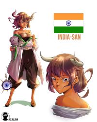 Rule 34 | 1girl, a2t will draw, artist name, bare shoulders, black footwear, breasts, brown eyes, brown hair, brown pants, chain, cleavage, closed mouth, collarbone, colored eyelashes, commentary, cow horns, cropped torso, curled horns, dark skin, english commentary, facial mark, highres, horns, indian flag, japanese clothes, kimono, long sleeves, looking at viewer, medium breasts, multiple views, off shoulder, orange legwear, original, pants, personification, puffy pants, sandals, shadow, standing, strapless, watermark, white background, white kimono, wide sleeves, zouri