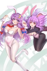 Rule 34 | 2girls, animal ears, black jacket, blazer, blue bow, blunt bangs, bow, bowtie, breasts, chinese zodiac, cleavage, commentary, crescent, crescent hair ornament, detached collar, fake animal ears, fake tail, hair bow, hair ornament, high heels, highres, jacket, large breasts, leotard, light purple hair, long hair, looking at another, multiple girls, namiki (remiter00), open mouth, pantyhose, patchouli knowledge, playboy bunny, purple eyes, purple hair, pushing, pushing away, rabbit ears, rabbit girl, rabbit tail, red bow, red eyes, reisen udongein inaba, shoes, strapless, strapless leotard, tail, touhou, traditional bowtie, very long hair, white footwear, white pantyhose, wrist cuffs, year of the rabbit