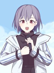 Rule 34 | 1girl, bang dream!, bang dream! it&#039;s mygo!!!!!, black jacket, blue sky, cloud, commentary request, day, highres, holding, holding microphone, jacket, long hair, long sleeves, looking at viewer, lu guan, microphone, music, open clothes, open jacket, open mouth, outdoors, purple hair, red eyes, short hair, singing, sky, solo, takamatsu tomori, upper body, white jacket