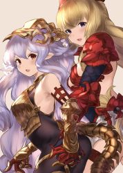 Rule 34 | 2girls, absurdres, armor, armored boots, armored dress, athena (granblue fantasy), bare shoulders, blonde hair, blush, bodysuit, boots, braid, breasts, commentary request, elbow gloves, gauntlets, gloves, granblue fantasy, hair between eyes, headpiece, helmet, highres, holding hands, interlocked fingers, light purple hair, long hair, looking at viewer, maou (maoudaisukiya), medusa (shingeki no bahamut), multiple girls, open mouth, pointy ears, red eyes, shingeki no bahamut, simple background, small breasts, tail, very long hair