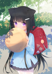 Rule 34 | 1girl, absurdres, animal ears, backpack, bag, black hair, black skirt, blue dress, blunt bangs, bow, cat ears, commentary request, crime prevention buzzer, day, dress, fufumi, hair ornament, hairclip, hat, highres, holding, holding clothes, holding hat, long hair, long sleeves, looking at viewer, original, outdoors, pantyhose, pleated skirt, purple eyes, randoseru, romaji commentary, school hat, skirt, solo, unworn hat, unworn headwear, very long hair, white bow, white pantyhose, yellow hat