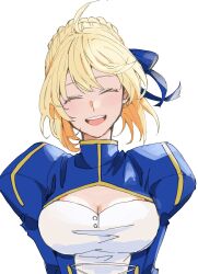 Rule 34 | 1girl, :d, ahoge, artoria pendragon (fate), blonde hair, blue bow, bow, braid, breasts, cleavage, cleavage cutout, closed eyes, clothing cutout, fate/grand order, fate (series), head tilt, highres, ki wa001, open mouth, puffy sleeves, simple background, smile, solo, white background, wind