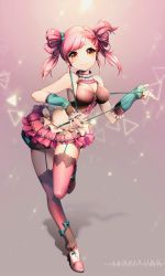 Rule 34 | 1girl, artist name, bad id, bad pixiv id, bare shoulders, blush, bow, breasts, cleavage, fingerless gloves, full body, garter straps, gloves, hair bow, highres, looking at viewer, navel, ng (kimjae737), orange eyes, original, pink hair, pink thighhighs, short hair, skirt, smile, solo, standing, thigh gap, thighhighs, twintails, watermark