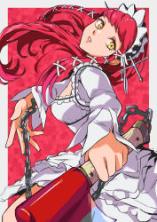 Rule 34 | 1girl, absurdres, axe, border, chain, commentary, dress, floating hair, frilled dress, frills, hair ornament, head tilt, headdress, highres, holding, holding axe, holding weapon, lips, long hair, long sleeves, looking at viewer, outside border, parted lips, pekeponn, persona, persona 3, red background, red hair, shaft look, simple background, solo, weapon, white border, white dress, white headdress, yellow eyes, yoshino chidori