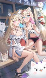 2girls :3 :d absurdres adapted_costume animal_ear_fluff animal_ears aoi_13 arm_support bandaid bandaid_hair_ornament bare_shoulders barefoot black_camisole black_shorts blonde_hair blue_eyes blue_hair blue_hairband blue_nails breasts camisole cleavage collarbone commentary criss-cross_halter cropped_shirt crossed_bangs day detached_sleeves dog_ears dog_girl dog_tail double-parted_bangs dress english_commentary fake_horns fang flat_chest food frilled_dress frills fuwawa_abyssgard hair_between_eyes hair_intakes hair_ornament hairband hairclip halterneck highres holding holding_food holding_popsicle hololive hololive_english horns large_breasts long_hair looking_at_viewer mascot midriff mixed-language_commentary mococo_abyssgard mococo_abyssgard_(1st_costume) multicolored_hair multiple_girls nail_polish navel on_bench on_one_knee open_mouth outdoors perroccino_(fuwamoco) pink_eyes pink_hair pink_hairband pink_nails popsicle print_shirt sandals shirt short_dress short_hair short_shorts short_sleeves shorts siblings side_slit single_off_shoulder sisters sitting skin_fang sleeveless sleeveless_dress smile streaked_hair t-shirt tail toenail_polish toenails twins two_side_up virtual_youtuber white_dress white_shirt x_hair_ornament