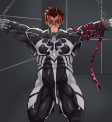 Rule 34 | 1boy, absurdres, akashi (alter) (live a hero), bara, black bodysuit, bodysuit, bound, bound wrists, bulge, closed mouth, covered abs, erection, erection under clothes, highres, kaido (62145659), kneeling, large pectorals, live a hero, male focus, muscular, muscular male, pectorals, red eyes, red hair, restrained, scar, scar on face, scar on nose, short hair, skin tight, solo, visor