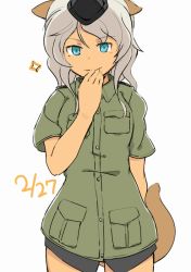 Rule 34 | 1girl, animal ears, arm behind back, blue eyes, cat ears, cat tail, cowboy shot, dark-skinned female, dark skin, dated, futenesira, garrison cap, giuseppina ciuinni, hand to own mouth, hat, long hair, military, military uniform, shiraba (sonomama futene), silver hair, simple background, solo, sparkle, strike witches, strike witches: suomus misfits squadron, tail, uniform, white background, world witches series
