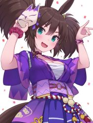 Rule 34 | 1girl, animal ears, aqua eyes, arms up, breasts, brown hair, cleavage, fang, happi, highres, horse ears, horse girl, inari one (umamusume), japanese clothes, large breasts, looking at viewer, open mouth, sarashi, shuuichi (gothics), simple background, smile, solo, tail, twintails, umamusume, upper body