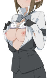 Rule 34 | 1girl, black gloves, bow, bowtie, bra, bra lift, breasts, breasts out, brown hair, closed mouth, commentary request, dungeon ni deai wo motomeru no wa machigatteiru darou ka, eina tulle, gloves, grey bow, grey bowtie, grey shirt, head out of frame, highres, large breasts, long sleeves, morisobo, nipples, shirt, simple background, solo, underwear, white background, white bra
