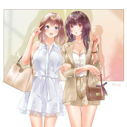 Rule 34 | 2girls, :d, bag, bare shoulders, blue eyes, blunt bangs, blush, breasts, brown hair, camisole, casual, cleavage, collarbone, collared dress, commentary request, cowboy shot, dress, eyelashes, fingernails, hair intakes, hand up, highres, jacket, koji (kojikojimdw), legs together, long fingernails, long hair, long sleeves, looking at viewer, medium breasts, multiple girls, nail polish, open clothes, open jacket, open mouth, original, pink lips, pink nails, plaid, plaid jacket, plaid shorts, purple hair, red eyes, red nails, shirt, short shorts, shorts, shoulder bag, side-by-side, sidelocks, sleeveless, sleeveless dress, smile, standing, teeth, twitter username, upper teeth only, w, watch, white camisole, white dress, white shirt, wristwatch