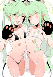 Rule 34 | 2girls, animal ears, animal hands, bikini, black bikini, black tail, blue archive, closed mouth, cropped legs, earrings, gloves, green hair, green halo, halo, hand up, hikari (blue archive), nozomi (blue archive), highres, jewelry, long hair, magaeshi, multiple girls, navel, open mouth, paw gloves, pointy ears, simple background, swimsuit, very long hair, white background, white bikini, yellow eyes