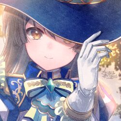 Rule 34 | 1girl, blue hat, blue jacket, bow, brown eyes, brown hair, closed mouth, commentary request, gloves, hair between eyes, hand on headwear, hand up, hat, ittokyu, jacket, long hair, long sleeves, looking at viewer, satono diamond (chevalier bleu) (umamusume), satono diamond (umamusume), signature, smile, solo, umamusume, upper body, white gloves, yellow bow