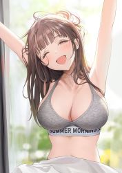 Rule 34 | 1girl, ;d, ameyame, armpits, arms up, bare shoulders, blunt bangs, blurry, blurry background, blush, breasts, brown eyes, brown hair, cleavage, collarbone, curtains, highres, idolmaster, idolmaster shiny colors, large breasts, long hair, looking at viewer, midriff, navel, one eye closed, open mouth, smile, solo, sonoda chiyoko, sports bra