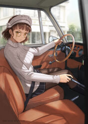 Rule 34 | 1girl, brown eyes, brown hair, car, car interior, dated, driving, glasses, highres, kantai collection, long sleeves, motor vehicle, open mouth, pince-nez, ribbed sweater, roma (kancolle), seatbelt, short hair, sitting, solo, steering wheel, sweater, tantaka, twitter username, white sweater