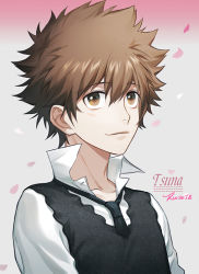 Rule 34 | 1boy, black necktie, black vest, brown eyes, brown hair, character name, closed mouth, collar, collared shirt, grey background, katekyo hitman reborn!, looking up, male focus, multicolored background, necktie, petals, pink background, ru (famia), sawada tsunayoshi, shirt, short hair, simple background, smile, solo, spiked hair, upper body, vest, white shirt