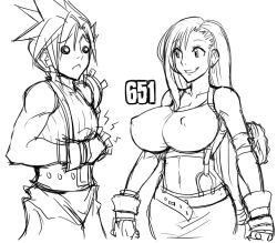 Rule 34 | 1990s (style), 1boy, 1girl, :&lt;, breasts, cloud strife, earrings, elbow pads, covered erect nipples, final fantasy, final fantasy vii, gameplay mechanics, gloves, greyscale, grin, huge breasts, impossible clothes, impossible shirt, jewelry, long hair, matsu-sensei, midriff, monochrome, navel, o o, parted lips, shirt, sketch, smile, suspenders, tank top, tifa lockhart