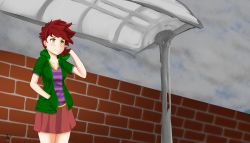 Rule 34 | absurdres, braco, bus stop, grey sky, highres, red hair, skirt, sky, solo, wall, yellow eyes