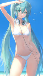 Rule 34 | 1girl, absurdres, aqua eyes, aqua hair, beach, bikini, bird, blue sky, breasts, cable, dappled sunlight, day, hand on own hip, hand on own head, hatsune miku, headphones, headphones around neck, highres, long hair, looking at viewer, navel, ocean, open mouth, pigone, ribbon, sky, small breasts, solo, sunlight, swimsuit, twintails, very long hair, vocaloid, white bikini, white ribbon