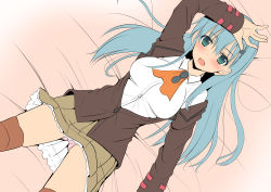 Rule 34 | 1girl, aqua eyes, aqua hair, ascot, bed sheet, blanket, blazer, blush, breasts, brown skirt, brown thighhighs, collared shirt, from above, hair between eyes, hair ornament, hairclip, jacket, kantai collection, large breasts, long hair, looking at viewer, looking up, lying, on bed, open clothes, open jacket, orange ascot, panties, pink panties, pleated skirt, school uniform, shirt, skirt, smile, solo, spread legs, suzuya (kancolle), takeyuu, thighhighs, underwear, white shirt