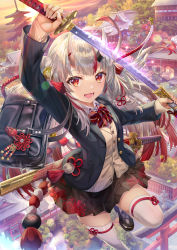 Rule 34 | 1girl, arm up, bag, bell, black jacket, blazer, bow, bowtie, breasts, brown skirt, cardigan, collared shirt, commentary request, double bun, fang, floral print, hair bell, hair between eyes, hair bun, hair ornament, handbag, highres, holding, holding sheath, holding sword, holding weapon, hololive, horns, jacket, katana, leg up, light particles, loafers, long hair, long sleeves, looking at viewer, mask, multicolored hair, nakiri ayame, oni mask, open clothes, open jacket, open mouth, outdoors, pleated skirt, red bow, red bowtie, red eyes, red hair, sheath, shirt, shoes, sidelocks, silver hair, skin-covered horns, skirt, small breasts, solo, streaked hair, sunset, sword, thighhighs, torino aqua, two-tone hair, unsheathing, virtual youtuber, weapon, white shirt, white thighhighs