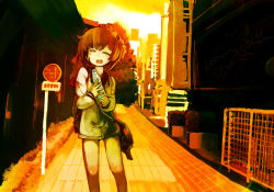 Rule 34 | 1girl, bottle, brown eyes, brown hair, building, city, cowboy shot, fence, holding, holding bottle, kantai collection, legs, limited palette, looking at viewer, one eye closed, open mouth, ramune, rigging, road, road sign, shoulder strap, sign, solo, speaking tube headset, turret, urban, yoshioka yoshiko, yukikaze (kancolle)
