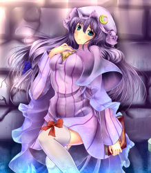 Rule 34 | 1girl, blue eyes, blush, book, bow, breasts, brooch, capelet, crescent, female focus, hair bow, hat, highres, jewelry, large breasts, long hair, monikano, patchouli knowledge, purple hair, purple thighhighs, solo, thighhighs, touhou, very long hair