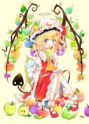 Rule 34 | 1girl, :o, absurdres, apple, apple core, apple hair ornament, bad id, bad pixiv id, bandaged arm, bandages, bitten apple, blonde hair, blunt bangs, bow, commentary request, dress, earrings, english text, fang, flandre scarlet, food, food-themed hair ornament, food bite, frilled hat, frilled shirt collar, frills, fruit, full body, green apple, hair ornament, hat, highres, holding, holding food, holding fruit, jewelry, leaf, looking at viewer, mary janes, mirror, neckerchief, pink bow, puffy short sleeves, puffy sleeves, rainbow order, red apple, red dress, red eyes, red footwear, shoes, short hair, short sleeves, sitting, skin fang, socks, solo, tail, touhou, umemaro (siona0908), wavy hair, white socks, wings, yellow background, yellow bow, yellow neckerchief