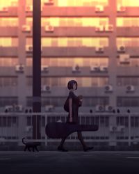 Rule 34 | 1girl, absurdres, backpack, bag, bird, black cat, black footwear, black hair, blurry, blurry background, bob cut, cat, closed mouth, commentary request, depth of field, from side, guitar case, guweiz, highres, holding, instrument case, looking at viewer, looking to the side, original, purple shirt, purple skirt, railing, shirt, shoes, short hair, short sleeves, skirt, solo, utility pole, walking