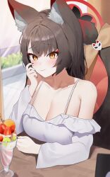 Rule 34 | 1girl, absurdres, alternate costume, animal ear fluff, animal ears, bare shoulders, black hair, blue archive, blush, bow, breasts, cafe, casual, cleavage, fang, food, fox ears, fox girl, fox tail, fruit, gradient hair, halo, highres, indoors, kiwi (fruit), kiwi slice, large breasts, light smile, long hair, looking at viewer, multicolored hair, parfait, red hair, seya (sseya33), skin fang, solo, strawberry, tail, tail bow, tail ornament, wakamo (blue archive), yellow eyes