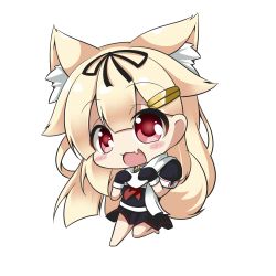 Rule 34 | 10s, 1girl, :3, :d, animal ears, black gloves, blonde hair, bow, cat ears, chibi, commentary request, fang, gloves, hair bow, hair flaps, hair ornament, hair ribbon, hairclip, kantai collection, kemonomimi mode, long hair, looking at viewer, open mouth, peta (taleslove596), pleated skirt, red eyes, ribbon, scarf, school uniform, serafuku, simple background, skirt, smile, solo, white background, yuudachi (kancolle), yuudachi kai ni (kancolle)