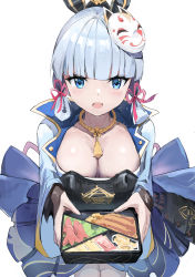 Rule 34 | 1girl, absurdres, ayaka (genshin impact), bento, blue eyes, blunt bangs, breasts, cleavage, food, genshin impact, highres, holding bento, long sleeves, looking at viewer, mask, mask on head, open mouth, shirt, simple background, solo, white hair, white shirt, yuxia (please6)