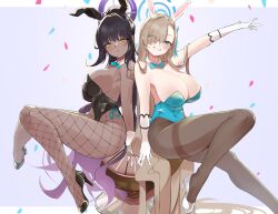 Rule 34 | 1girl, animal ears, asuna (blue archive), asuna (bunny) (blue archive), bare shoulders, black hair, black leotard, blue archive, blue eyes, blue leotard, blue ribbon, blush, breasts, brown pantyhose, chankuro, cleavage, confetti, dark-skinned female, dark skin, detached collar, elbow gloves, fake animal ears, fishnet pantyhose, fishnets, gloves, grin, hair over one eye, hair ribbon, halo, high heels, highleg, highleg leotard, highres, karin (blue archive), karin (bunny) (blue archive), large breasts, leotard, light brown hair, long hair, looking at viewer, mole, mole on breast, open mouth, pantyhose, playboy bunny, ponytail, rabbit ears, ribbon, sidelocks, sitting, smile, stool, very long hair, white gloves, yellow eyes