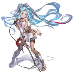Rule 34 | 1girl, blue eyes, blue hair, boots, braid, choker, closed mouth, cross-laced footwear, earrings, fishnets, floating hair, granblue fantasy, holding, holding microphone, holding microphone stand, jewelry, lace-up boots, looking at viewer, lyria (born to be snowdos) (granblue fantasy), lyria (granblue fantasy), microphone, microphone stand, minaba hideo, multicolored hair, nail polish, official art, pantyhose, ponytail, red hair, shirt, simple background, skirt, smile, solo, standing, streaked hair, thigh strap, transparent background, v-shaped eyebrows