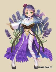 Rule 34 | 1girl, bad id, bad pixiv id, book, dress, flower, flower knight girl, full body, green eyes, highres, lavender (flower knight girl), long hair, nakaishow, name connection, object namesake, official art, open mouth, purple hair, simple background, smile, solo, thighhighs