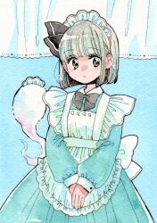 Rule 34 | 1girl, alternate costume, apron, aqua dress, back bow, black bow, black bowtie, black ribbon, blue background, blunt bangs, blush, bob cut, bow, bowtie, closed mouth, collared dress, commentary request, dress, enmaided, frilled apron, frills, ghost, green eyes, grey hair, hair ribbon, highres, hitodama, konpaku youmu, konpaku youmu (ghost), long sleeves, looking at viewer, maid, maid apron, maid headdress, marker (medium), muzukite, own hands together, puffy long sleeves, puffy sleeves, ribbon, sleeve cuffs, standing, touhou, traditional media, v arms, white apron