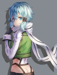 Rule 34 | 1girl, absurdres, angdo (kakajo26), black gloves, blue eyes, blue hair, breasts, butt crack, commentary request, from behind, frown, gloves, green jacket, grey background, hair between eyes, hair ornament, hairclip, highres, jacket, looking at viewer, medium breasts, scarf, shadow, short hair, sidelocks, simple background, sinon, solo, sword art online, v-shaped eyebrows, white scarf