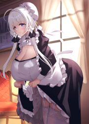 Rule 34 | 1girl, ahoge, azur lane, blue eyes, blush, breasts, cleavage, cleavage cutout, clothing cutout, dress, highres, huge breasts, illustrious (azur lane), leaning forward, long hair, long sleeves, looking at viewer, mole, mole under eye, sidelocks, smile, solo, thighhighs, thighs, wee (weeyy), white hair, window