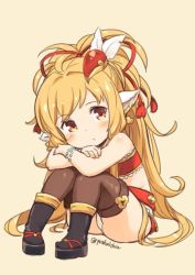 Rule 34 | 1girl, animal ears, bandeau, bare shoulders, blonde hair, bracelet, brown thighhighs, commentary, crossed arms, feather hair ornament, feathers, full body, gold trim, granblue fantasy, hair ornament, harvin, jewelry, jingai modoki, long hair, looking at viewer, mahira (granblue fantasy), orange eyes, sitting, solo, thighhighs, twitter username, very long hair