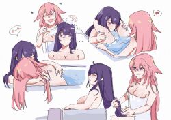 Rule 34 | ..., 2girls, animal ears, bathing, bathtub, between legs, breasts, cleavage, closed eyes, closed mouth, commentary, fang, fox ears, genshin impact, hand in another&#039;s hair, heart, highres, large breasts, long hair, multiple girls, naked towel, nude, open mouth, parted lips, pink hair, pink nails, purple eyes, purple hair, purple nails, raiden shogun, same-sex bathing, shared bathing, simple background, smile, spoken emoji, spoken heart, symbol-only commentary, towel, washing another, washing hair, white background, yae miko, yaro yk, yuri